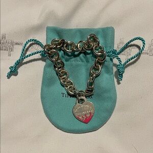 Tiffany Silver Heart Tag Bracelet with Pink Accent